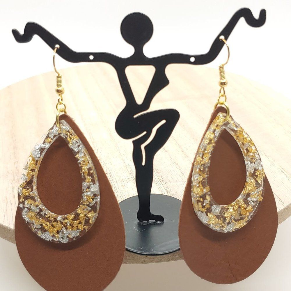 Earrings Brown Faux Leather w/ Gold & Silver Teardrop - Picture 2 of 2
